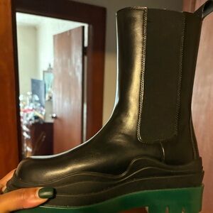 Black Leather Boots with Green Soles